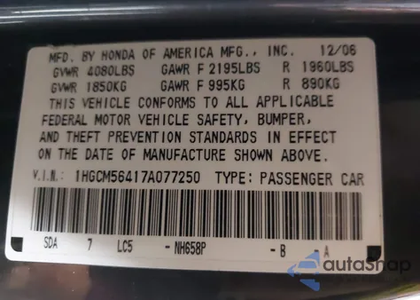 2007 Honda Accord 2.4 Lx z USA, uszkodzony, nr VIN 1HGCM56417A077250